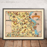 Carte picturale du Missouri par Ruth Taylor White, 1935 : St. Louis, Kansas City, Ozarks, rivières Mississippi et Missouri, Jefferson City 