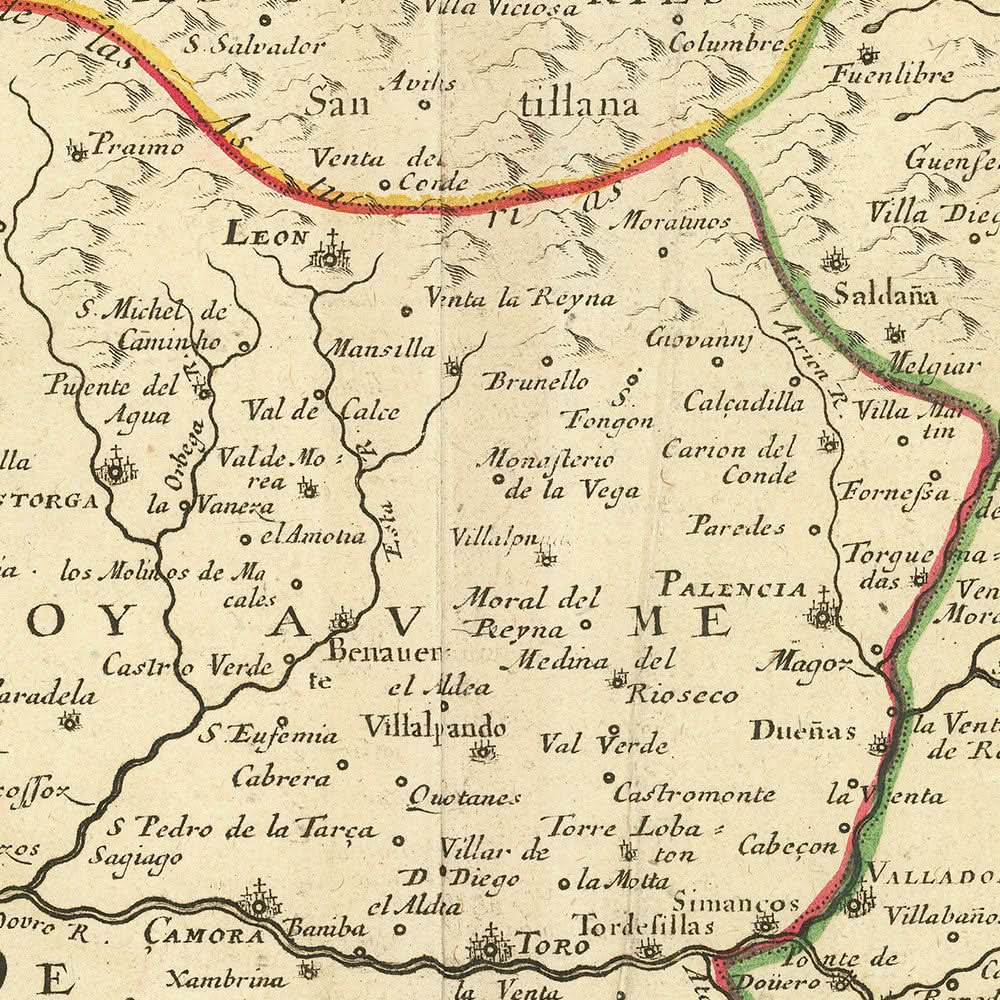 Mapa antiguo del norte de España por Sanson, 1652: Galicia, Asturias, San Sebastián, Bahía de Biscay, País Vasco 