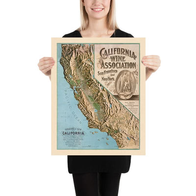 Old Topographical Wine Map of California, 1903: LA, SF, Napa, Sonoma, Pacific