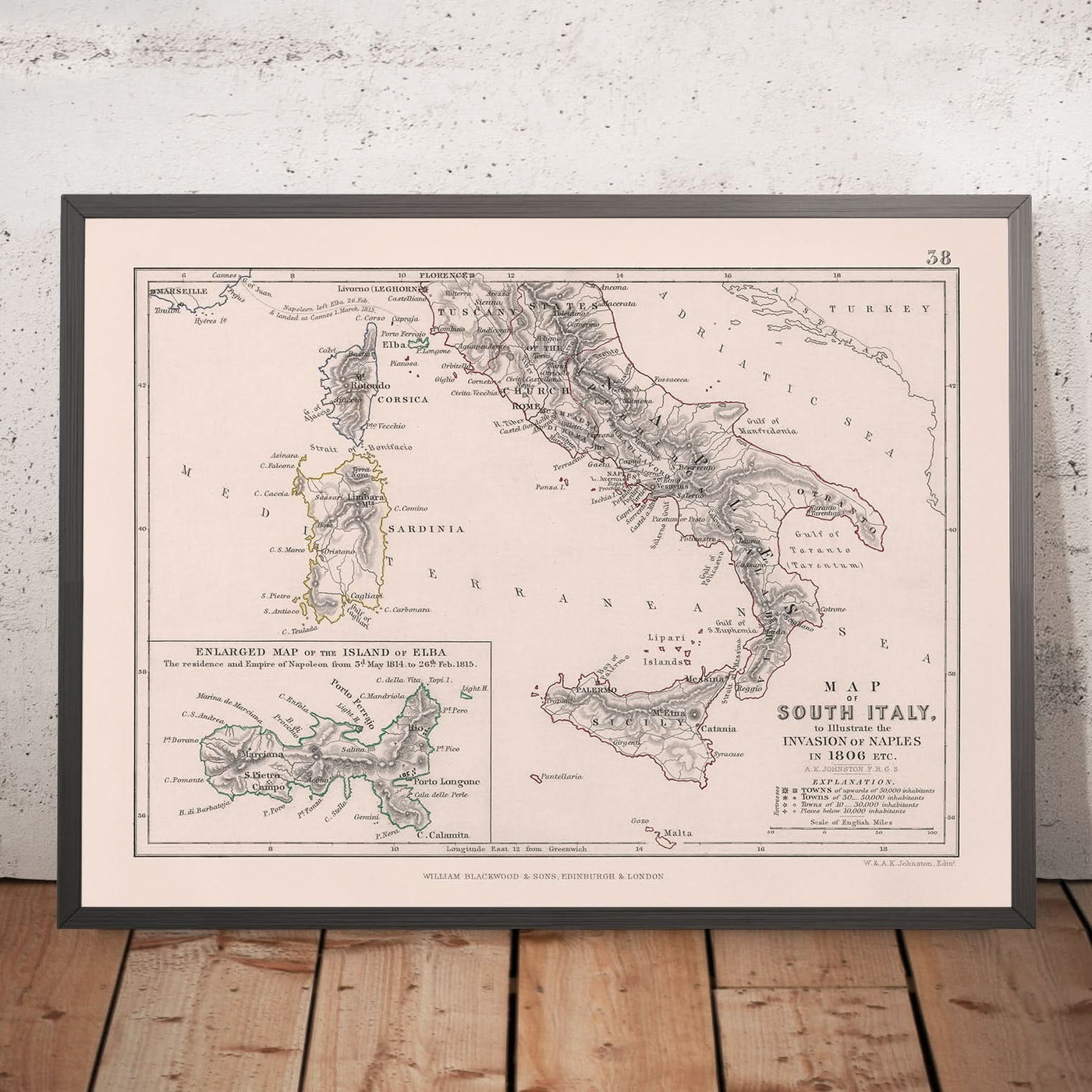 Alte Karte von Napoleons Invasion von Neapel in Süditalien, 1806: Rom, Elba, Sizilien, Kalabrien 