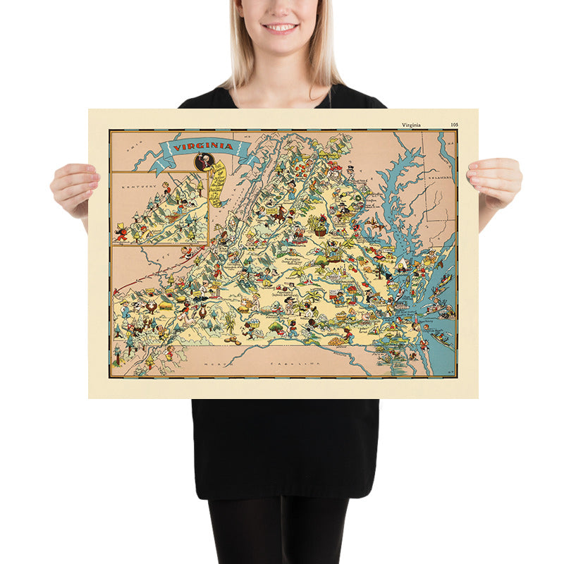 Pictorial Map of Virginia by Ruth Taylor White, 1935: Richmond, Norfolk, Chesapeake Bay, Blue Ridge Mountains, Jamestown