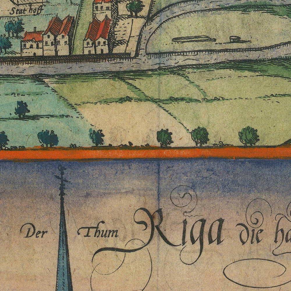 Ancienne carte de Kaliningrad et de Riga par Braun & Hogenberg, 1599 : Églises, Tours, Bateaux, Ports, Tenues 