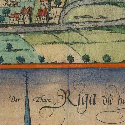 Ancienne carte de Kaliningrad et de Riga par Braun & Hogenberg, 1599 : Églises, Tours, Bateaux, Ports, Tenues 