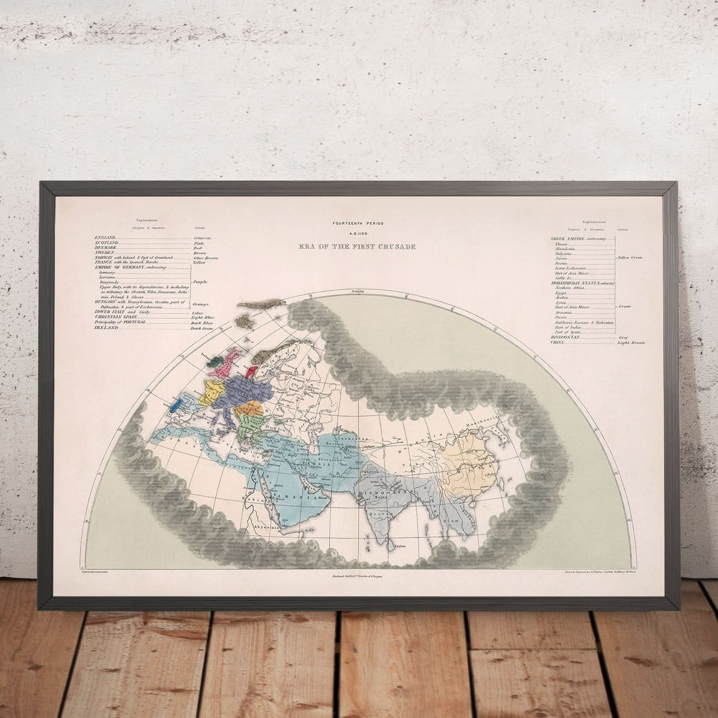 Alte Karte des Ersten Kreuzzugs von Quin, 1856: Deutsches Reich, Byzantinisches Reich, Jerusalem, Kalifate, China 