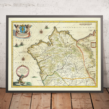 Vecchia mappa della Galizia, Spagna di Blaeu, 1640: Santiago, Corunna, Vigo, Nettuno, Mostro Marino 