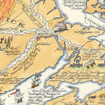 Mapa antiguo de New Brunswick, Nueva Escocia y la Isla del Príncipe Eduardo por Furse, 1963: Batallas navales, rutas de exploración 