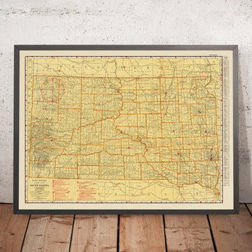 Ancienne carte aéronautique du Dakota du Sud, 1929 : couloirs aériens, Sioux Falls, Rapid City, Black Hills, Badlands 