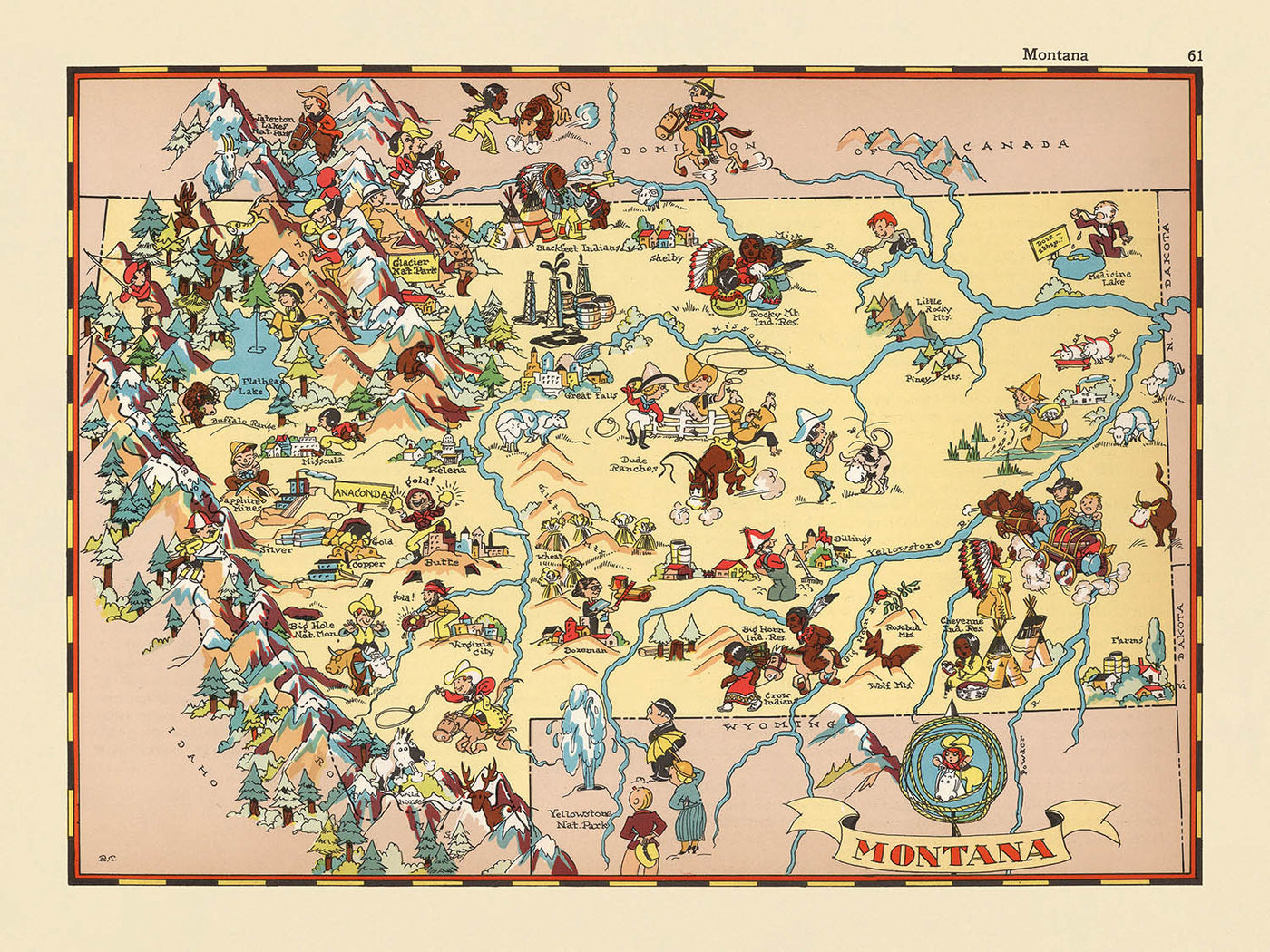 Pictorial Map of Montana by Ruth Taylor White, 1935: Billings, Missoula, Yellowstone & Glacier National Parks, Rocky Mountains, Missouri River