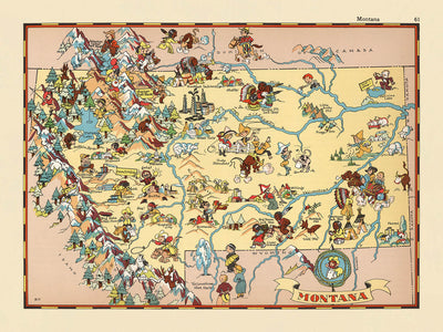 Pictorial Map of Montana by Ruth Taylor White, 1935: Billings, Missoula, Yellowstone & Glacier National Parks, Rocky Mountains, Missouri River