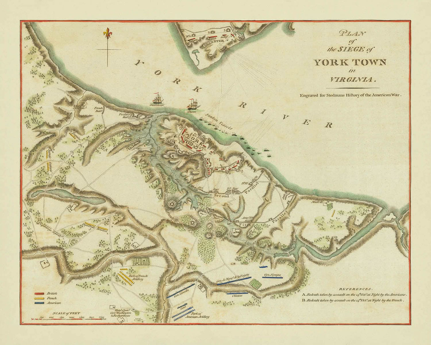 Ancienne carte militaire du siège de Yorktown par Stedman, 1793 : Virginie, Gloucester, redoutes 9 et 10, flotte française, Washington 