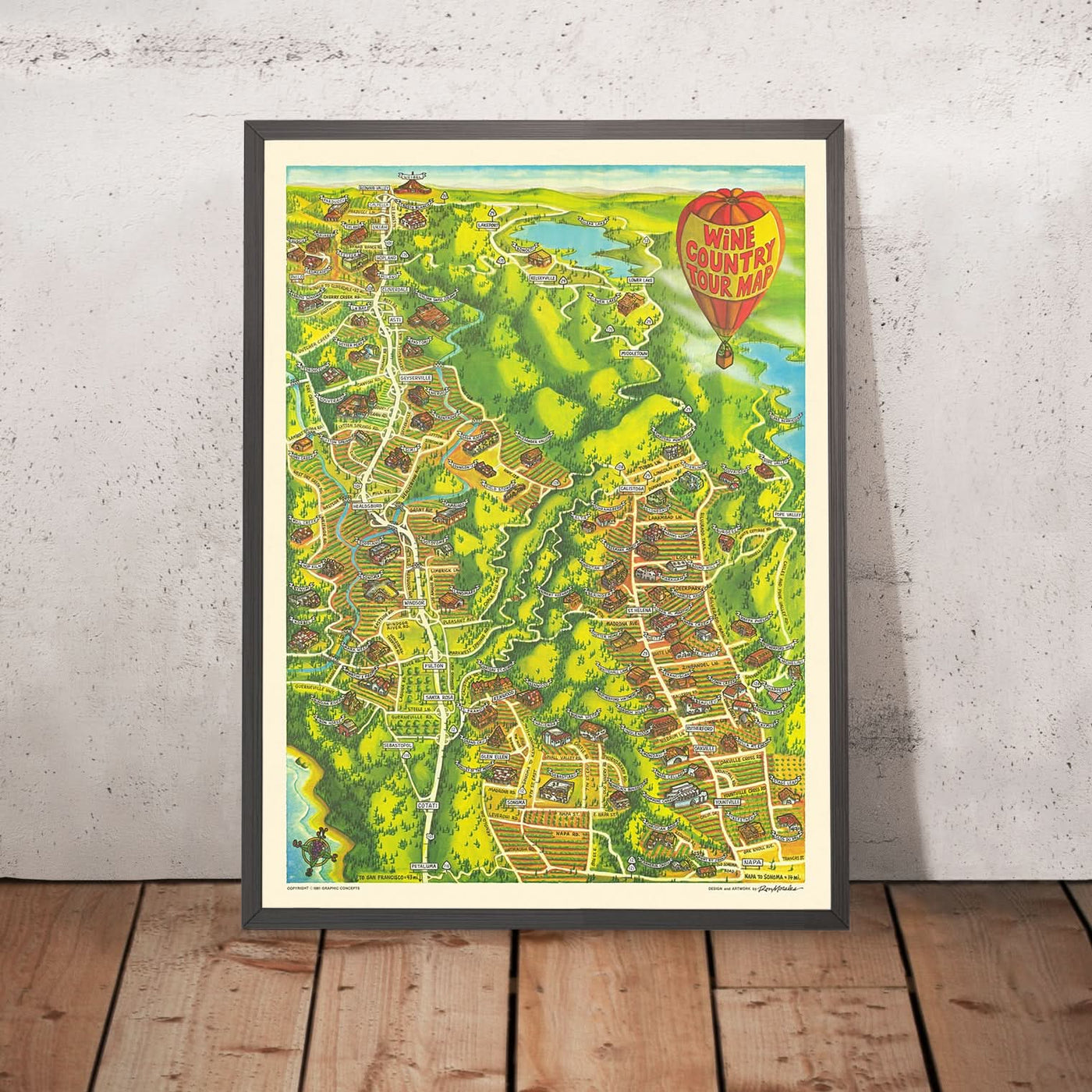 Mapa del Viejo País del Vino de Napa y Sonoma por Morales, 1981: Santa Rosa, Lago Berryessa, Río Ruso 