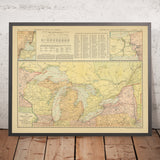 Old Transportation Map of the Great Lakes USA & Ontario, 1917: Chicago, Detroit, Toronto, Cleveland, Welland Canal