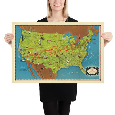 Ancienne carte de la compagnie aérienne TWA des États-Unis, 1948 : NYC, LA, Chicago, itinéraires TWA 