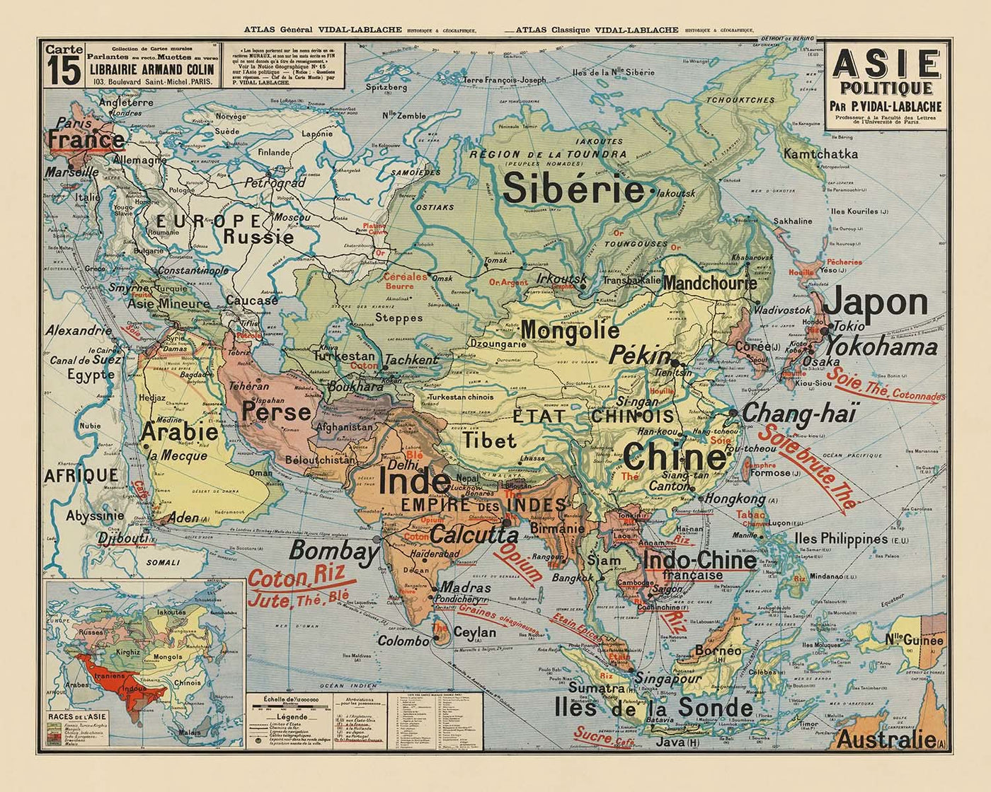 Antigua Mapa Político de Asia por Vidal Lablache, 1921: Diseño Educativo, Influencia Colonial 