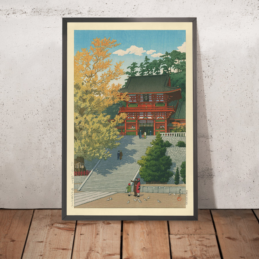 A framed image of Tsuruoka Hachimangu Shrine in Kamakura by Hasui Kawase, 1935