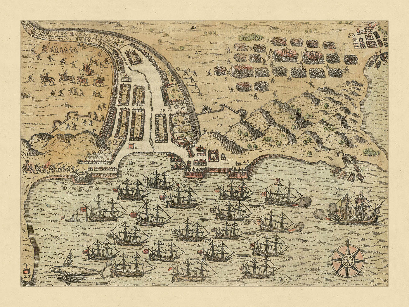 El ataque de Sir Francis Drake a Santiago por De Bry, 1599: Mapa de batalla, flota, tropas, fortificaciones 