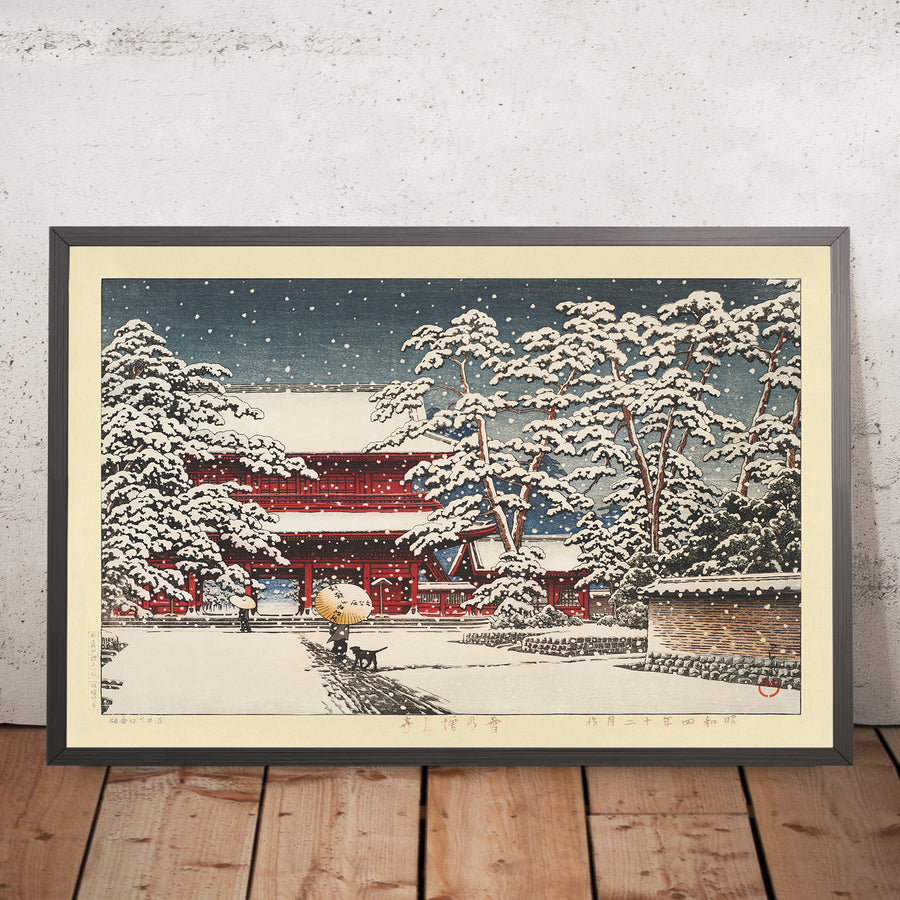 A framed image of Zojoji Temple in the Snow Tokyo by Hasui Kawase 1929
