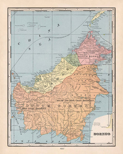 Old Colonial Map of Borneo by Cram, 1901: British North Borneo, Sarawak, Dutch Borders, Kuching, Sandakan