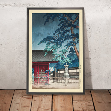 Une image encadrée de la pluie printanière au temple Gokokuji par Hasui Kawase, 1935