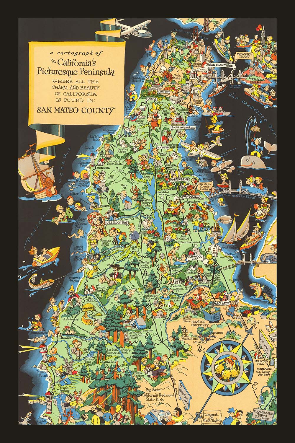 Pictorial Map of San Mateo County, California by Ruth Taylor White, 1930: Southern Pacific Railroad, Crystal Springs Reservoir, Dumbarton Bridge, Redwood City, Half Moon Bay
