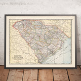 Ancienne carte de la Caroline du Sud, 1920 : routes et chemins de fer, Charleston, Columbia, Greenville, itinéraires automobiles, lignes électriques 