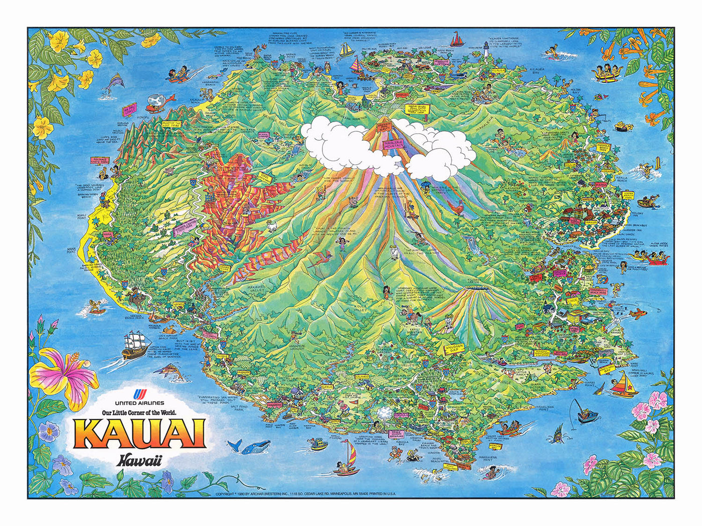 Ancienne carte picturale de Kauai par Olson, 1980 : Lihue, Canyon de Waimea, Côte Na Pali, Baie de Hanalei, Kilauea 
