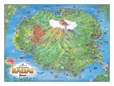 Ancienne carte picturale de Kauai par Olson, 1980 : Lihue, Canyon de Waimea, Côte Na Pali, Baie de Hanalei, Kilauea 