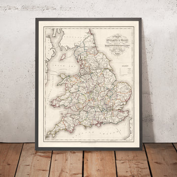 Mapa antiguo de condados de Inglaterra y Gales de Lewis, 1844: carreteras principales y ferrocarriles 