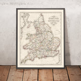 Ancien carte du comté d'Angleterre et du pays de Galles par Lewis, 1844 : Routes principales et chemins de fer 