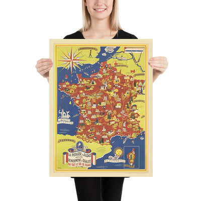 Old Pictorial Map of France by Lucien Boucher, 1950: Alps, Pyrenees, Agriculture, Grapes