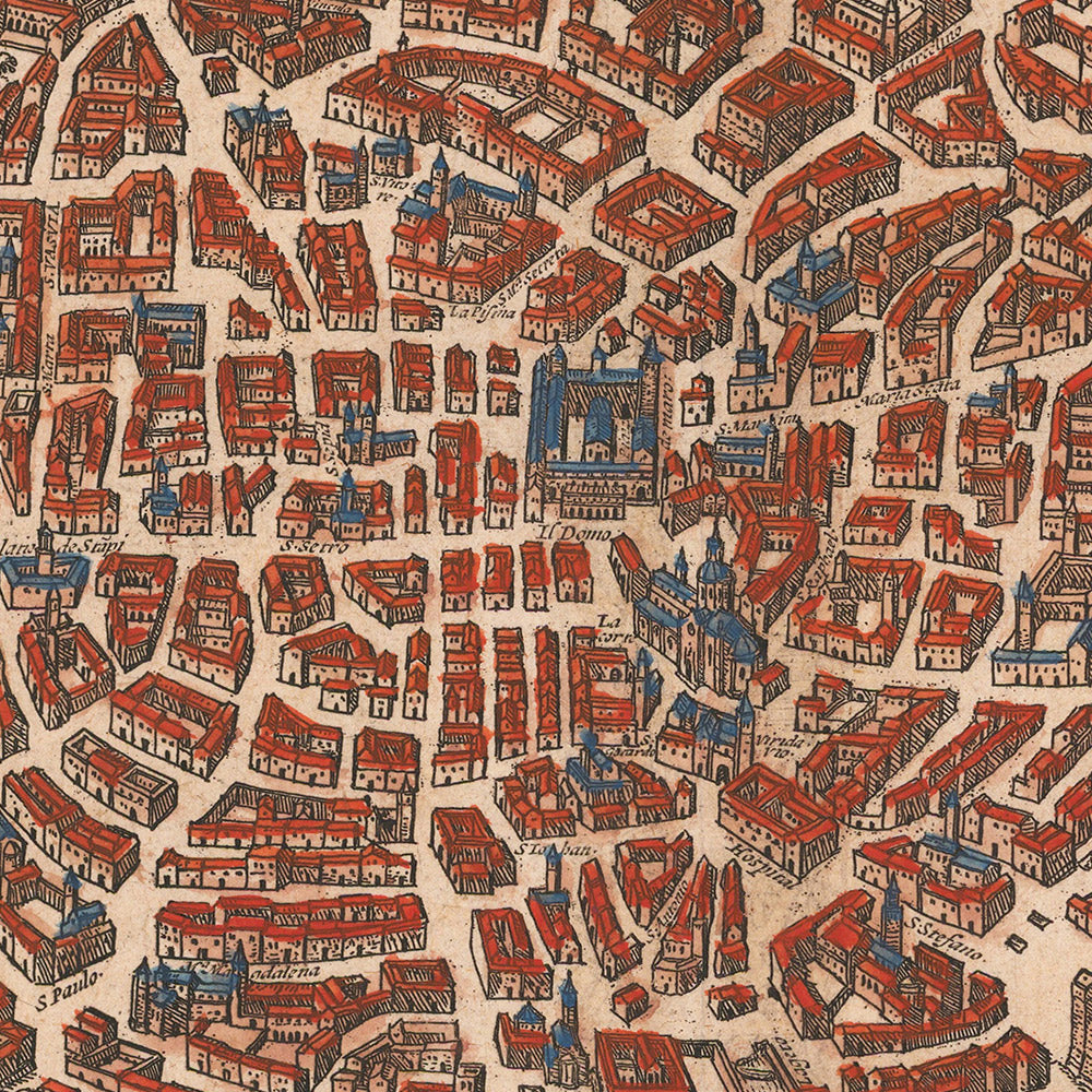 Ancienne carte de Milan par Braun & Hogenberg, 1572 : Cathédrale, Fortifications, Rues, Champs 