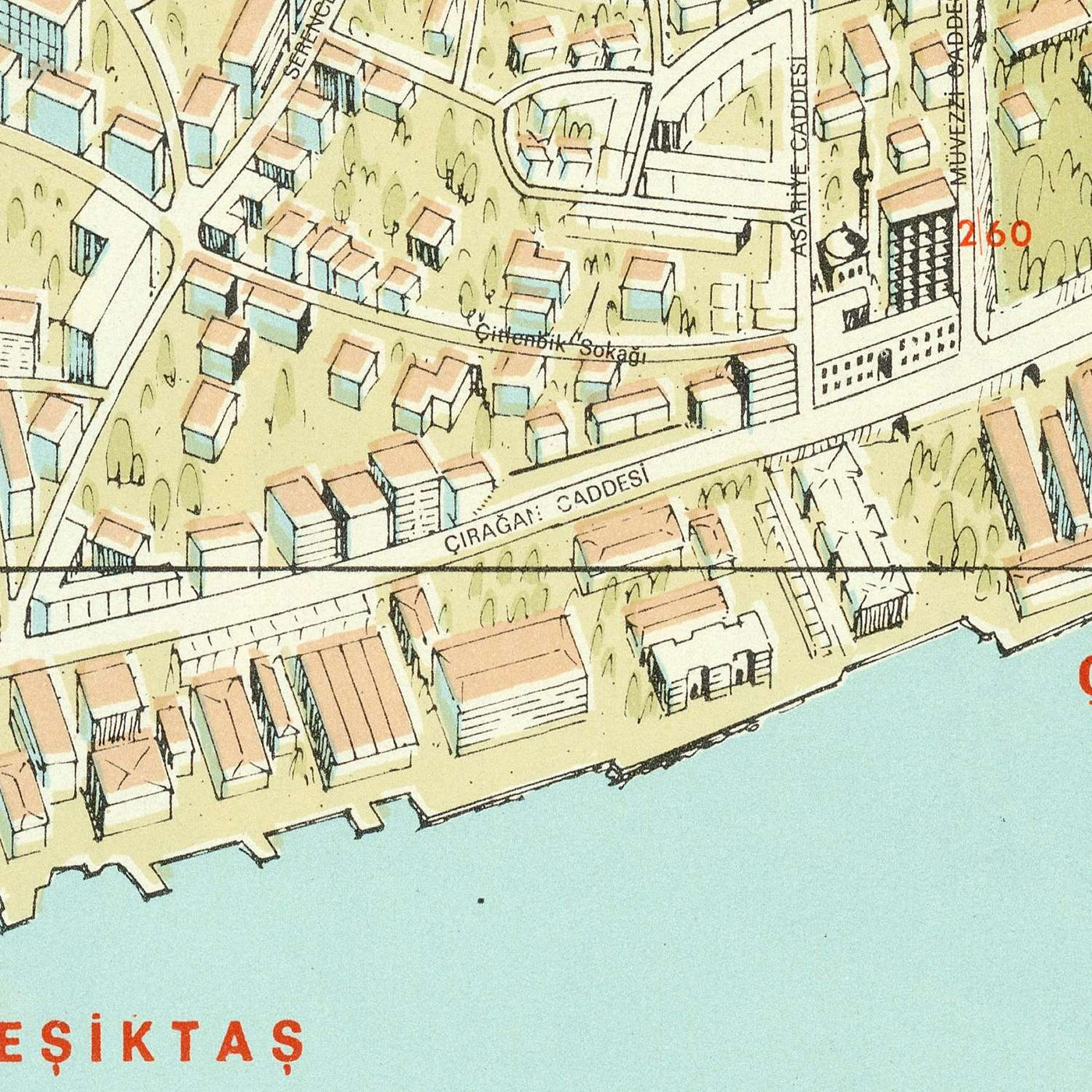 Große alte Karte von Istanbul von Özden, 1966: Vogelperspektive, Hagia Sophia, Topkapi, Blaue Moschee, Bosporus 
