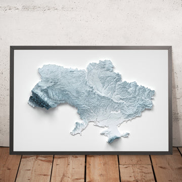 Una imagen enmarcada de un mapa topográfico en relieve estilo 3D de Ucrania