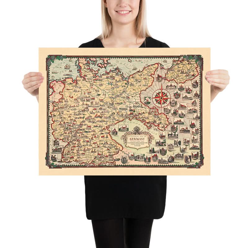 Ancienne carte picturale de l'Allemagne par Chase, 1935 : Berlin, Munich, mer du Nord, monuments, dirigeables 
