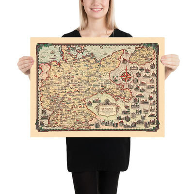 Ancienne carte picturale de l'Allemagne par Chase, 1935 : Berlin, Munich, mer du Nord, monuments, dirigeables 