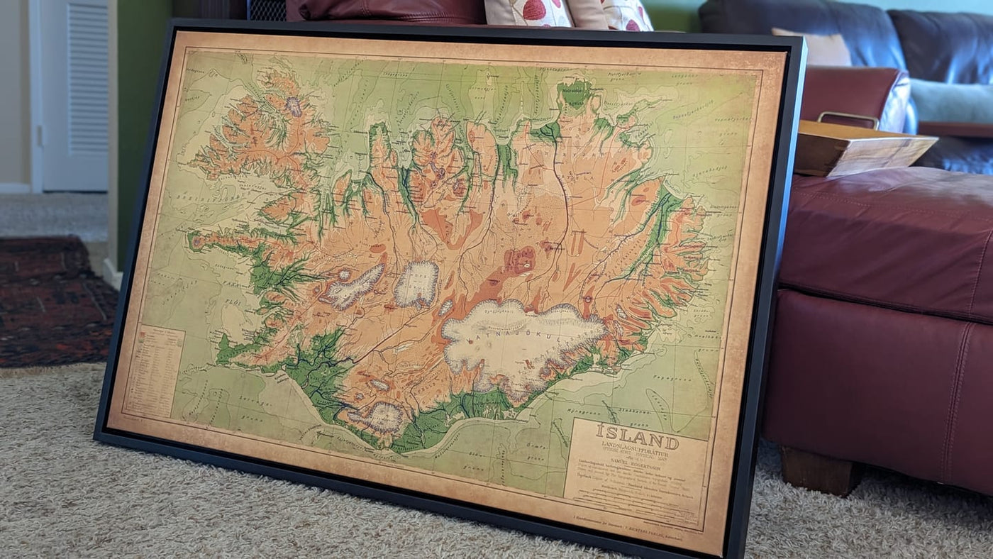 Old Map of Iceland by Samuel Eggertsson, 1928 - Reykjavik, Keflavik, Geysir, Gulfoss, Volcanoes, Glaciers