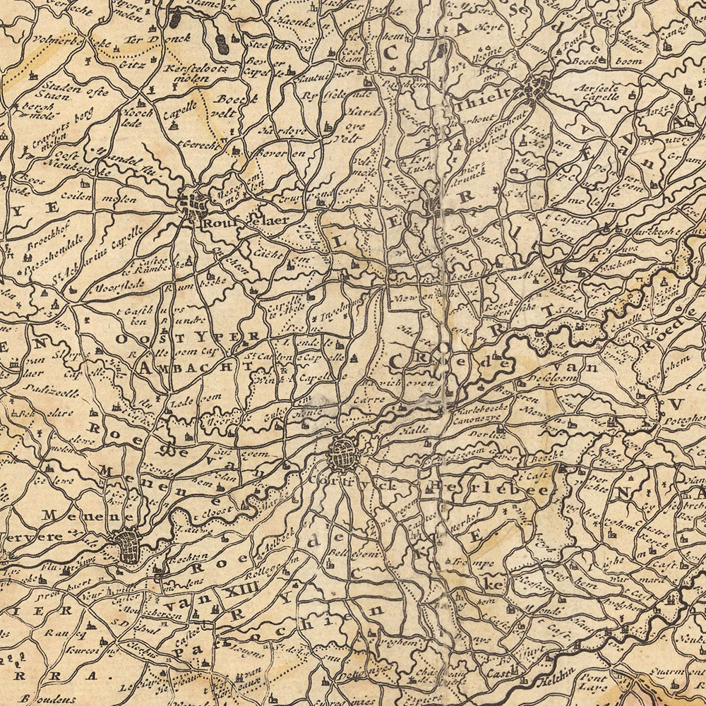 Mapa antiguo de Flandes de Visscher, 1690: Bruselas, Amberes, Gante, Brujas, parque Scarpe-Escaut