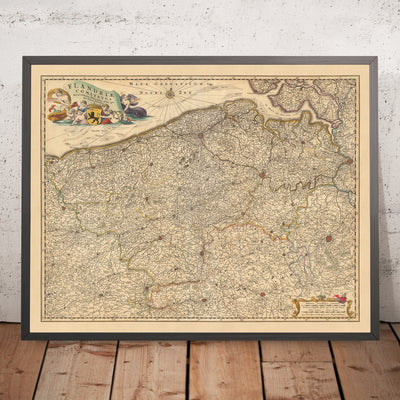 Mapa antiguo de Flandes de Visscher, 1690: Bruselas, Amberes, Gante, Brujas, parque Scarpe-Escaut
