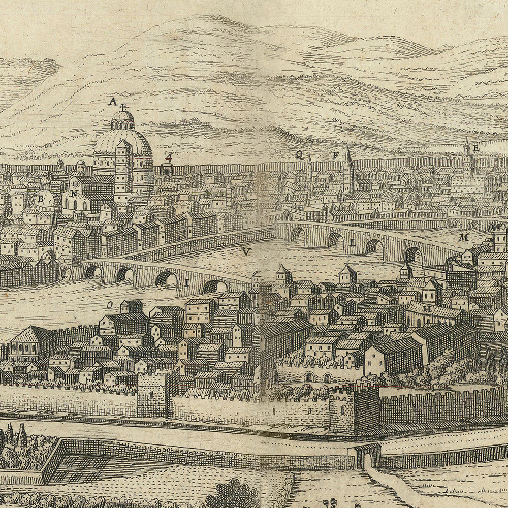 Alter Vogelperspektivenkarte von Florenz von Boisseau, 1648: Kathedrale, Baptisterium, Medici-Palast, Arno, Stadtmauern 