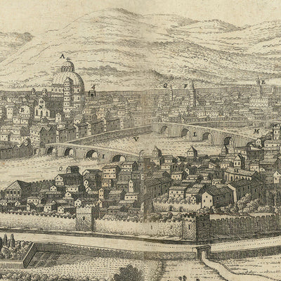 Alter Vogelperspektivenkarte von Florenz von Boisseau, 1648: Kathedrale, Baptisterium, Medici-Palast, Arno, Stadtmauern 
