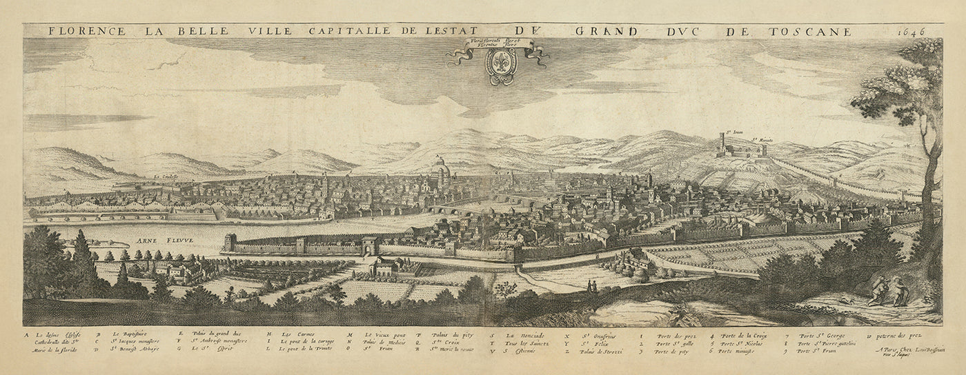 Alter Vogelperspektivenkarte von Florenz von Boisseau, 1648: Kathedrale, Baptisterium, Medici-Palast, Arno, Stadtmauern 