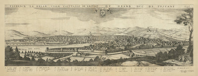Alter Vogelperspektivenkarte von Florenz von Boisseau, 1648: Kathedrale, Baptisterium, Medici-Palast, Arno, Stadtmauern 