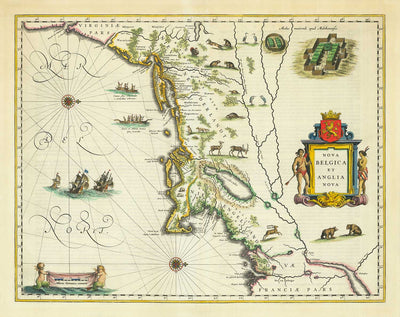 Mapa antiguo de Nueva Holanda y Nueva Inglaterra en 1640 por Willem Blaeu - Manhattan, Providence, Nueva York, Boston, Nueva Jersey