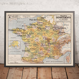 Ancienne carte des départements de France par Vidal Lablache, 1897 : tableau mural pédagogique