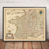 Ancienne carte de France : 'Gallia Vulgo' par Visscher, 1690 : Paris, Bruxelles, provinces et régions de France, Côte d'Azur