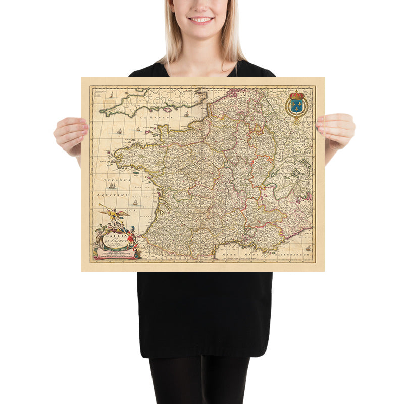 Mapa antiguo de Francia: 'Gallia Vulgo' de Visscher, 1690: París, Bruselas, provincias y regiones de Francia, Riviera Francesa
