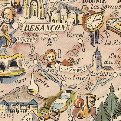 Alter bildlicher Stadtplan von Franche-Comté von Liozu, 1951: Besançon, Belfort, Montbéliard, Flüsse, Burgen 