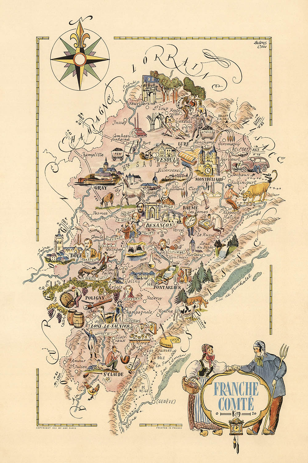 Alter bildlicher Stadtplan von Franche-Comté von Liozu, 1951: Besançon, Belfort, Montbéliard, Flüsse, Burgen 