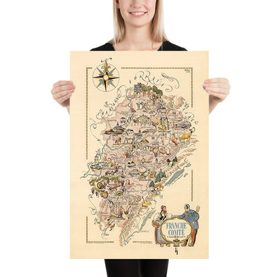 Alter bildlicher Stadtplan von Franche-Comté von Liozu, 1951: Besançon, Belfort, Montbéliard, Flüsse, Burgen 