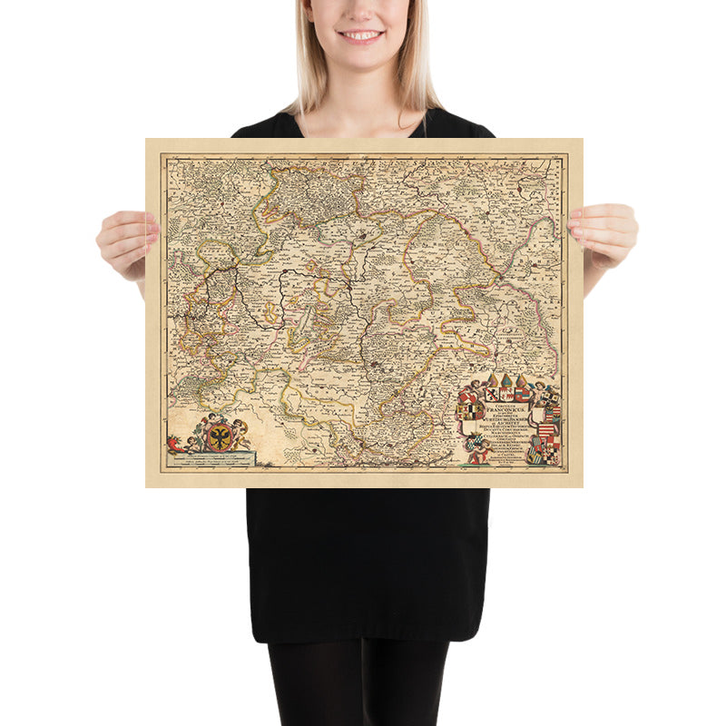 Old Map of Franconian Circle by Nicolaes Visscher II, 1690: Nuremberg, Ingolstadt, Würzburg, Zwickaw, Slavkov Forest